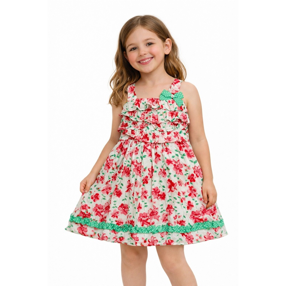 Nannette Kids 100%‎ Cotton Floral Girl Dress White Red Green 5